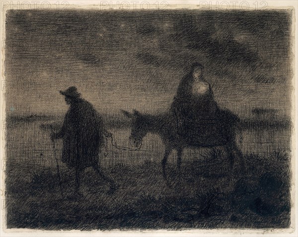 The Flight Into Egypt, c. 1864, Jean François Millet, French, 1814-1875, France, Black and brown Conté crayon, with pen and black ink and traces of black pastel, over gray washes, on cream wove paper, edge-mounted on laminated woodpulp board, 317 × 407 mm