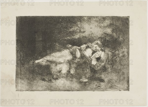 Reclining Woman with a Child, 1890/99, Domenico Morelli, Italian, 1826-1901, Italy, Etching in gray-black, with additions in ink, on heavy cream wove paper, 153 x 237 mm (plate), 220 x 306 mm (sheet)