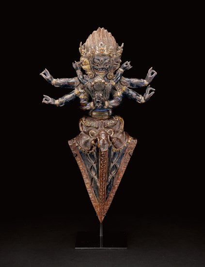 Personified Ritual Dagger (Vajrakila) in Ritual Embrace (Yab-yum), 16th century, Tibet, Tibet, Copper repoussé over wood, 43.1 x 24.8 x 10.3 cm (17 x 9 3/4 x 4 1/16 in.), Rookery Building, 209 South La Salle Street, Chicago, Illinois: Grille from Interior Central Court, c. 1885/88, Removed during 1905–1907 renovation, Burnham & Root (American, 1873-1891), Architect and designer: John Wellborn Root (American, 1850-1891), LaSalle Street, 209 South, Wrought iron, bolted to wall-mounted frame, 158.6 × 65.7 × .7 cm