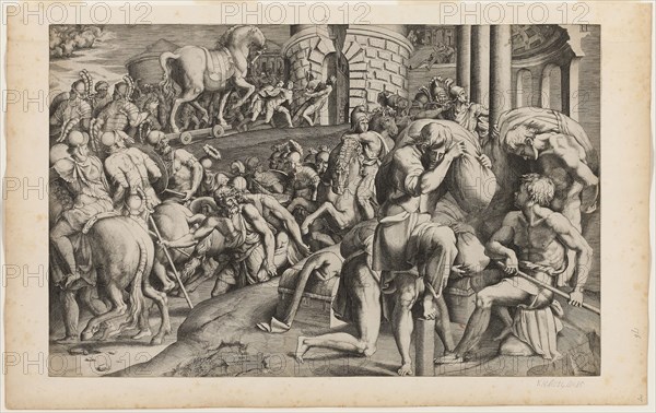 The Trojan Horse Being Dragged into the City of Troy, 1545, Giulio di Antonio Bonasone, Italian, about 1510–after 1576, Italy, Engraving on ivory laid paper, 407 x 634 mm