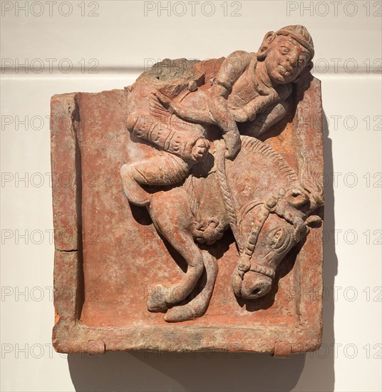 Plaque with Galloping Horse and Rider, Gupta period, 4th/5th century, India, Uttar Pradesh, Uttar Pradesh, Terracotta with red pigment, 21.3 x 25.5 x 7.3 cm (8 3/8 x 10 1/16 x 2 7/8 in.)