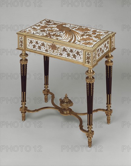 Work Table, c. 1880, France, Paris, Maison Alphonse Giroux, Paris, under the direction of Veuve Duvinage (French, active 1874–1882), Paris, Rosewood, ivory, gilt bronze, brass, and pewter, 71 × 68.5 × 40.6 cm (28 × 27 × 16 in.)