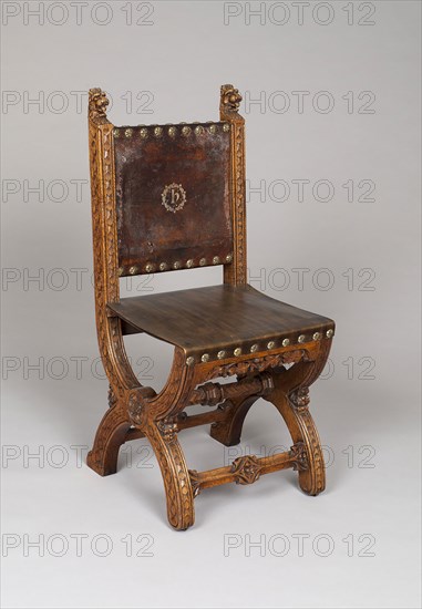 Side Chair, c. 1848, Designed by Augustus Welby Northmore Pugin, English, 1812-1852, Possibly made by John Webb, London, London, Oak, leather, and brass, 100.7 × 45.7 × 50.8 cm (39 5/8 × 18 × 20 in.)