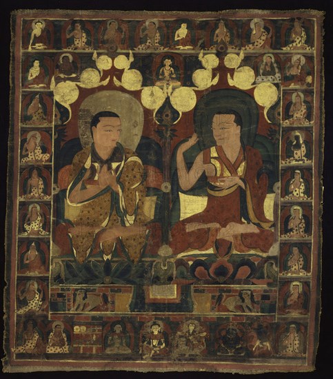 Painted Banner (Thangka) of Lineage Painting of Two Lamas in Debate, c. 1500, Tibet, Central Tibet, Tibet, Pigment on cloth, Image: 58.9 x 51 cm (23 3/16 x 20 1/16 in.), Overall: 81.3 x 61.0 cm (32 x 24 in.)