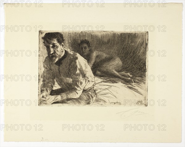 Augustus Saint Gaudens II (Saint Gaudens and His Model), 1897, Anders Zorn, Swedish, 1860-1920, Sweden, Etching in black on ivory laid paper, 138 x 200 mm (image/plate), 254 x 323 mm (sheet)