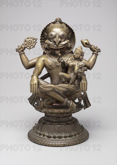 Lion-Headed Incarnation of God Vishnu (Narasimha), c. 15th century, India, Orissa, Orissa, Bronze with silver inlay and traces of pigment, 38.5 x 29.1 x 21.0 cm (15 3/16 x 11 7/16 x 8 1/4 in.)