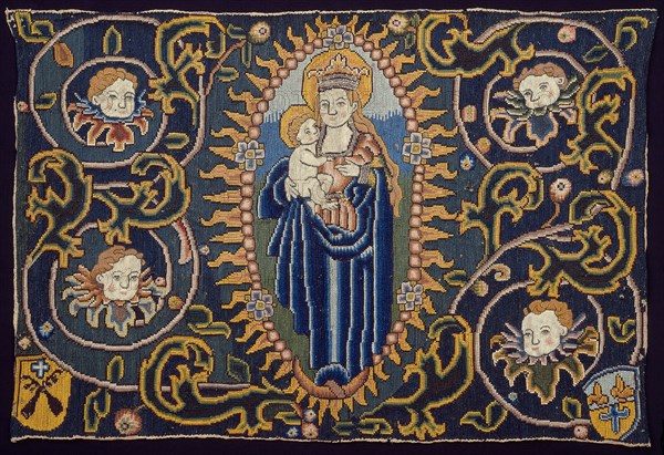Panel Depicting Madonna and Child, 16th century, Switzerland, Hemp, plain weave, appliquéd with silk, gilt-metal strip and gilt-metal-strip-wrapped silk, plain weave and oblique interlaced tapes, embroidered with wool in cross, reverse tent and tent stitches, 51.15 x 77.8 cm (20 1/8 x 30 5/8 in.)