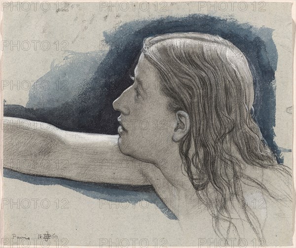Study of a Young Man’s Head with Right Arm Outstretched, 1860, Sir Edward John Poynter, English, 1836-1919, United Kingdom, Black chalk and watercolor, heightened with white gouache on light blue paper, 196 x 231 mm