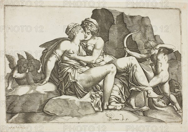 Jupiter and Callisto, 1560/70, Domenico Vito (Italian, active 1576-1586), after Pierre Milan (French, died 1557), after Francesco Primaticcio (Italian, 1504-1570), Italy, Engraving in black on ivory laid paper, 189 x 282 mm (plate), 210 x 297 mm (sheet)