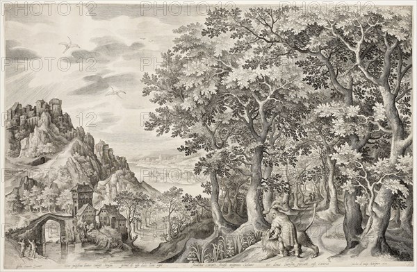 Samson Killing the Lion, 1603, Nicolaes de Bruyn (Flemish, 1571-1656), after Gillis van Coninxloo (Netherlandish, c. 1544-1607), Flanders, Engraving in black on ivory laid paper, 442 × 688 mm