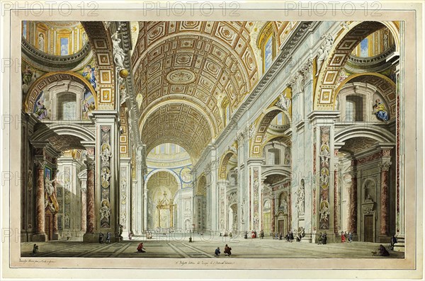 Interior View of the Church of St. Peter’s in the Vatican, c. 1770, Francesco Panini, Italian, 1745-1812, Italy, Transparent and opaque watercolors with shell gold and pen and black ink, over etching, on ivory laid paper, 580 x 885 mm