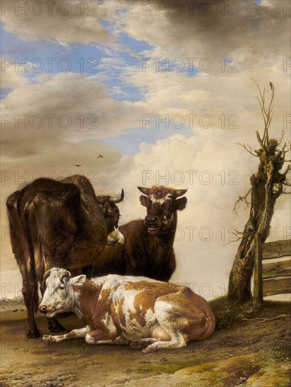 Two Cows and a Young Bull beside a Fence in a Meadow, 1647, Paulus Potter, Dutch, 1625-1654, Netherlands, Oil on panel, 19 1/2 × 14 3/4 in. (49.5 × 37.2 cm)