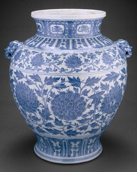 Jar with Lotus and Peony Scrolls and Lion-Mask Handles, Ming dynasty (1368–1644), inscription dated 1437, China, Porcelain painted in underglaze blue, H. 43.0 x diam: 41.6 cm (16 15/16 x 16 3/8 in.)