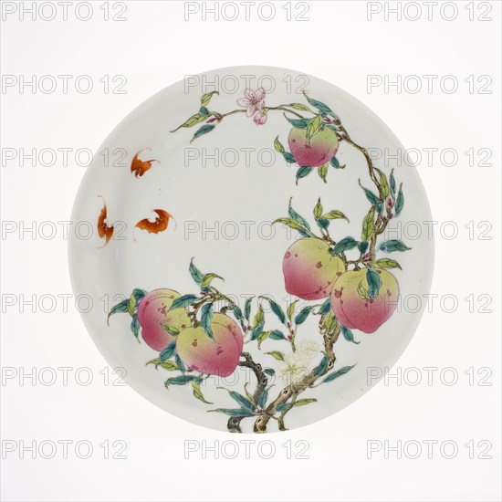 Dish with Fruiting Peaches, Tree Peony, Flowering Plum, and Bats, Qing dynasty (1644–1911), apocryphal Yongzheng mark (1723–1735), probably 19th century, China, Porcelain painted in overglaze famille rose enamels, H. 4.1 cm (1 5/8 in.), diam. 21.1 cm (8 5/16 in.)