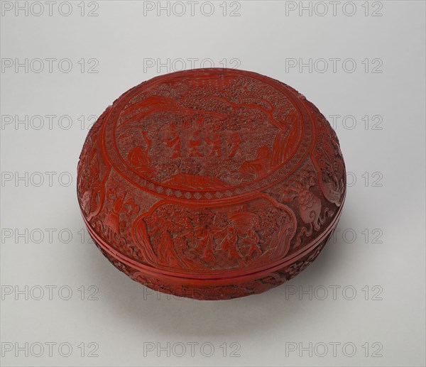 Cinnabar Lacquer ‘Scholar in Landscape’ Box and Cover, Qing dynasty (1644–1911), Qianlong reign mark and period (1736–1795), China, Carved cinnabar lacquer, H. 14.5 cm (5 11/16 in.), diam. 26.5 cm (10 7/16 in.)