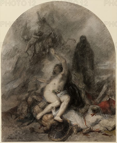 Allegory of War, 1860, Clement-Auguste Andrieux, French, 1829-1880, France, Pen and brown ink, with red and black fabricated chalks and opaque and transparent watercolors, with touches of lead white and white chalks, on cream wove paper, 456 × 373 mm