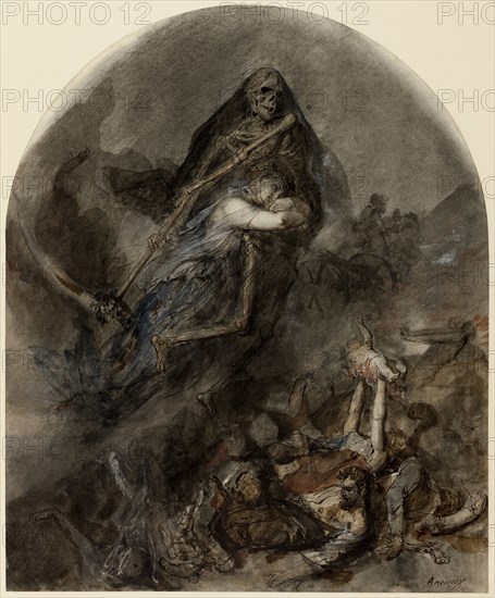 Allegory of Death, c. 1860, Clement-Auguste Andrieux, French, 1829-1880, France, Pen and brown ink with black fabricated chalk, opaque and transparent watercolors, touches of lead white and white chalk, and traces of red fabricated chalk on cream wove paper, 456 × 375 mm