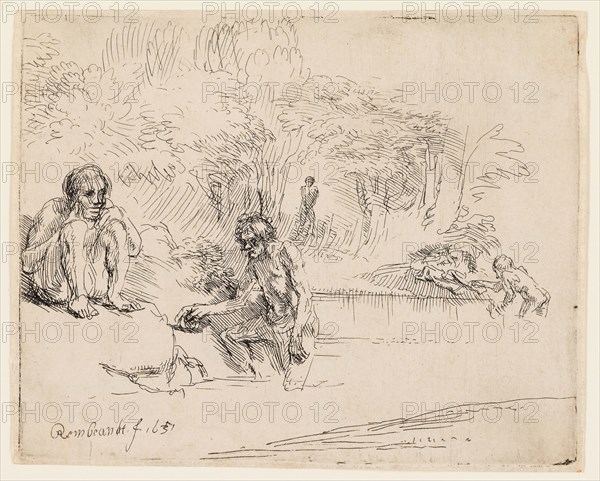 The Bathers, 1651, Rembrandt van Rijn, Dutch, 1606-1669, Holland, Etching and drypoint on buff laid paper, 108 x 136 mm (image/plate), 112 x 140 mm (sheet)