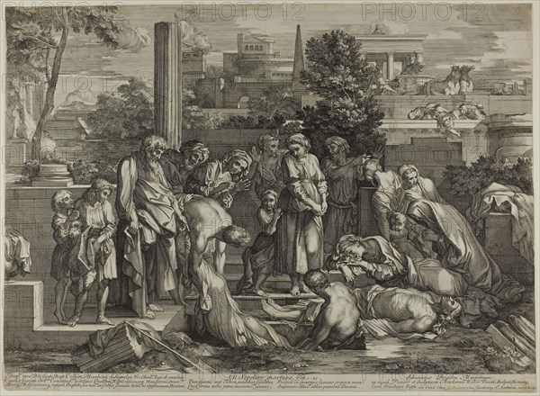 To Bury the Dead, from The Works of Mercy, 1656–57, Sébastien Bourdon, French, 1616-1671, France, Engraving in black on cream laid paper, 422 × 575 mm (image/sheet, trimmed within platemark)