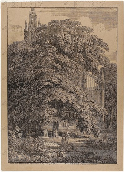 Gothic Church Behind an Oak Grove with Tombs, 1810, Karl Friedrich Schinkel, German, 1781-1841, Germany, Lithograph in black, with white heightening, on brown wove paper, 482 x 342 mm (image/plate), 523 x 382 mm (sheet)