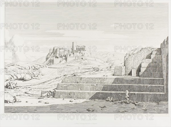 The Acropolis, Athens: The Pnyx, Areopagus, Acropolis and Mount Hymmettos, 1845, Théodore Caruelle d’Aligny, French, 1798-1871, France, Etching on ivory China paper, laid down on white wove paper, 329 × 483 mm (image), 439 × 594 mm (plate), 342 × 490 mm (primary support), 496 × 641 mm (secondary support)
