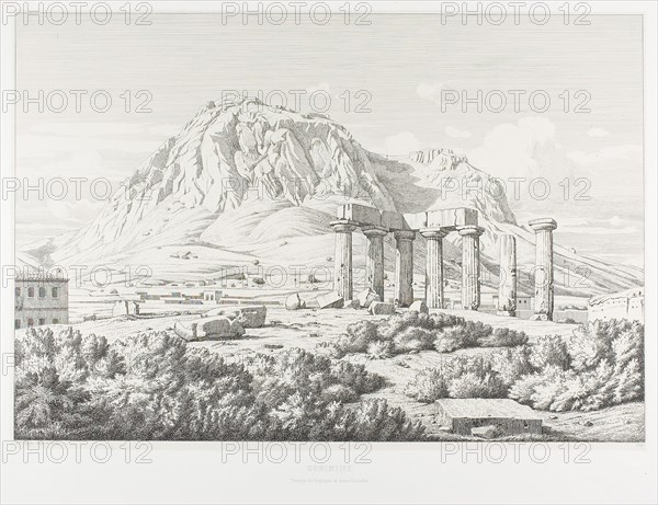 Corinth: Temple of Neptune and the Acrocorinth, 1846, Théodore Caruelle d’Aligny, French, 1798-1871, France, Etching on ivory China paper, laid down on white wove paper, 325 × 478 mm (image), 440 × 595 mm (plate), 335 × 483 mm (primary support), 500 × 640 mm (secondary support)