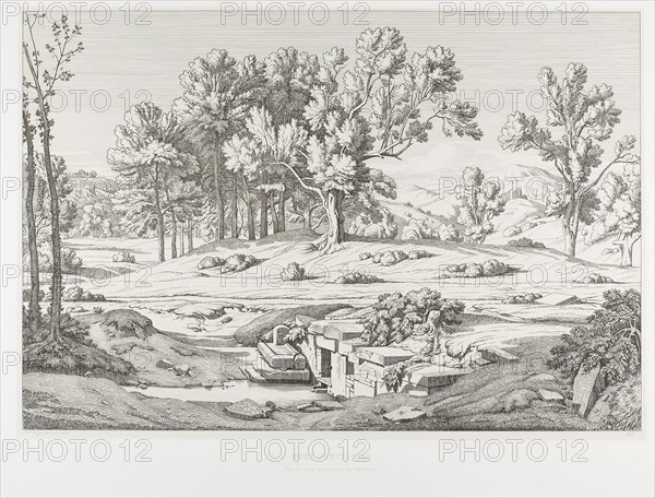 View of One of the Springs of Mount Pentéli, 1845, Théodore Caruelle d’Aligny, French, 1798-1871, France, Etching on ivory China paper, laid down on white wove paper, 325 × 478 mm (image), 435 × 590 mm (plate), 334 × 485 mm (primary support), 499 × 642 mm (secondary support)