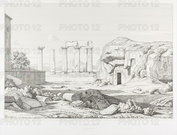 Corinth: Temple of Neptune, 1845, Théodore Caruelle d’Aligny, French, 1798-1871, France, Etching on ivory China paper, laid down on white wove paper, 326 × 480 mm (image), 493 × 594 mm (plate), 340 × 487 mm (primary support), 496 × 634 mm (secondary support)
