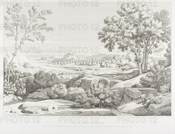 View from the Banks of the Illisós: Mountains of the Argolid, Temple of Olympic Jupiter, the Acropolis, Palace of King Corydalus, Village of Ambelo’kypos, Mount Anchesmos, Forest of Olives and the River Illisós, 1846, Théodore Caruelle d’Aligny, French, 1798-1871, France, Etching on ivory China paper, laid down on white wove paper, 325 × 480 mm (image), 435 × 596 mm (plate), 337 × 488 mm (primary support), 495 × 690 mm (secondary support)