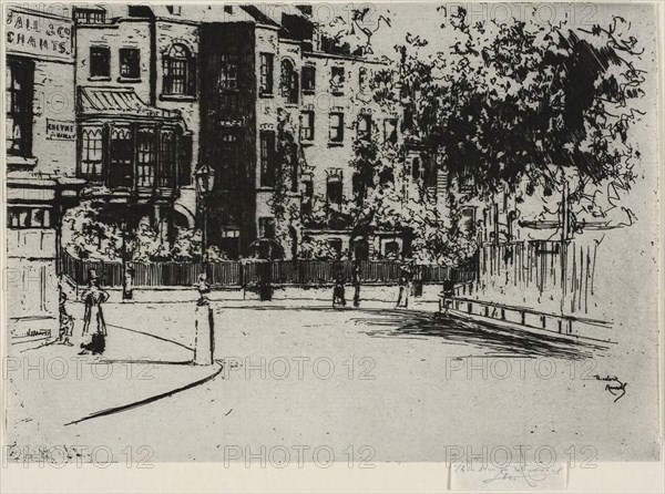 The Corner of Cheyne Walk, Chelsea, 1888–89, Theodore Roussel, French, worked in England, 1847-1926, France, Etching on ivory laid paper, 141 × 90 mm (image/sheet, trimmed within plate mark)