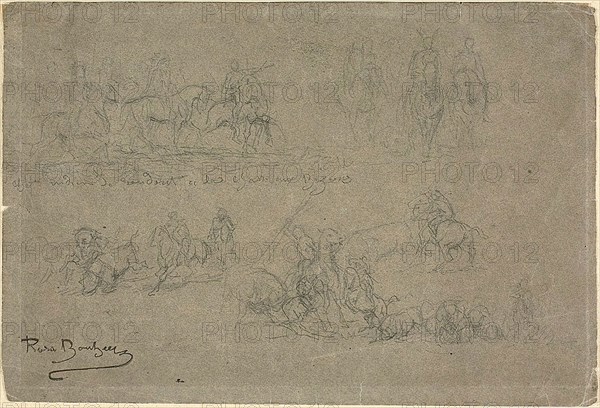 Chief Returning from a Bison Hunt and other Studies, c. 1890, Rosa Bonheur, French, 1822-1899, France, Graphite on greenish-gray wove paper, 165 × 246 mm