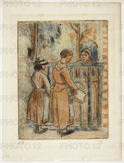 Beggar Women, c. 1894, printed 1930, Camille Pissarro (French, 1830-1903), printed by Alfred Porcabeuf (French, 1895-c. 1946), printed by Jean Cailac (French, active 20th century), France, Color etching, drypoint, and aquatint on ivory laid paper, 200 × 153 mm (image), 225 × 175 mm (plate), 265 × 200 mm (sheet)