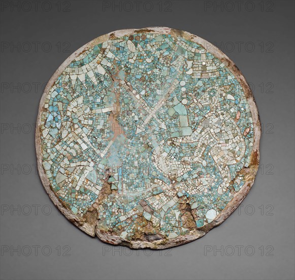 Mosaic Disk with a Mythological and Historical Scene, 1400/1500, Mixtec, Northern Oaxaca, Mexico, Oaxaca state, Turquoise, earthenware, stucco, spondylus shell, mother of pearl, and iron pyrite, with pigment, Diam. 30.5 cm (12 in.)