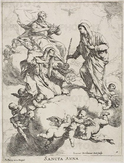 Saint Anne Received in Heaven by Christ and the Virgin, c. 1653, Luca Giordano, Italian, 1634-1705, Italy, Etching on ivory laid paper, 321 x 251 mm (image), 335 x 255 mm (plate), 338 x 258 mm (sheet)