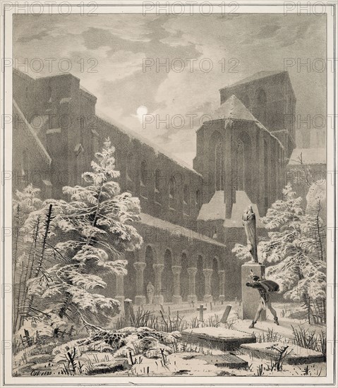 Church and Graveyard in the Snow by Moonlight, 1827, Carl Blechen, German, 1798-1840, Germany, Lithograph, with gray tone block on cream wove paper, 414 x 359 mm (image), 434 x 378 mm (plate), 559 x 450 mm (sheet)