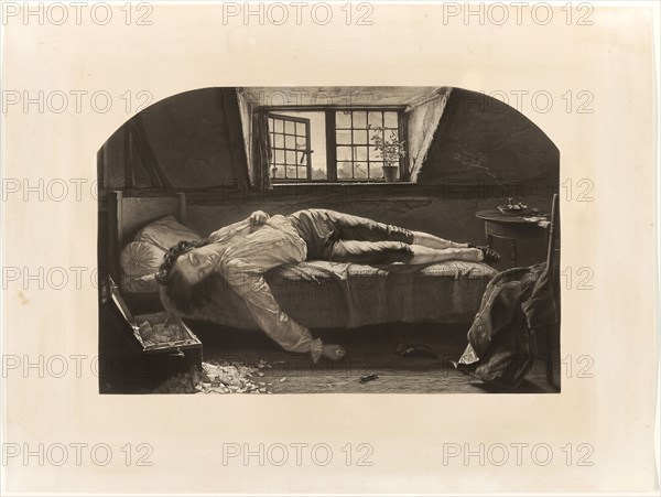 The Death of Chatterton, 1860, Thomas O. Barlow (English, 1824-1889), after Henry Wallis (English, 1830-1916), England, Mixed method engraving on ivory chine laid down on off-white plate paper, 600 × 827 mm (chine), 805 × 1066 mm (sheet, sight)
