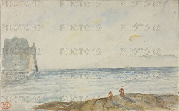 View at Étretat, c. 1827, Paul Huet, French, 1803-1869, France, Watercolor on cream laid paper, 137 × 224 mm