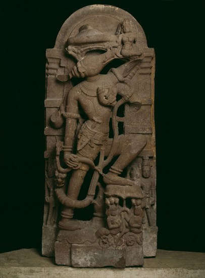Boar Incarnation of God Vishnu (Varaha) Lifting the Earth Goddess Bhudevi, 11th century, India, Rajasthan, Rajasthan, Red sandstone, 132.1 x 58.5 x 29.3 cm (52 x 23 x 11 1/2 in.)