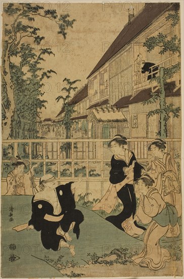 Outdoor Amusements at the Kankanro Teahouse in Yoshiwara, c. 1794, Torii Kiyonaga, Japanese, 1752-1815, Japan, Color woodblock print, left sheet of oban triptych, 36.9 x 24.3 cm