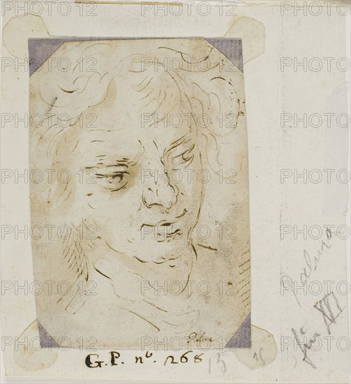 Head of a Man, 1600/11, Jacopo Negretti, called Palma il Giovane, Italian, c. 1548-1628, Italy, Pen and brown ink, with brush and brown wash, over black chalk underdrawing on ivory laid paper, laid down on gray laid paper, tipped onto cream laid paper, 121 x 87 mm (sheet)