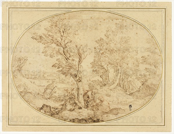 Rest on the Flight into Egypt, c. 1590, Agostino Carracci, Italian, 1557-1602, Italy, Pen and brown ink, over traces of red chalk, on pieced cream laid paper (oval), laid down on cream card, 306 x 408 mm