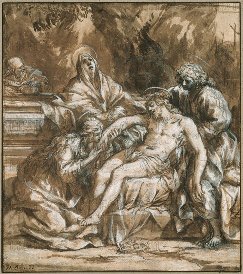 Lamentation over the Dead Christ, 1635, Pietro da Cortona, Italian, 1596-1669, Italy, Pen and brown ink, with brush and brown wash, heightened with lead white gouache and traces of black chalk, on cream laid paper, laid down on brown laid paper, 235 x 208 mm