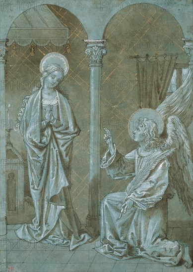 Annunciation, n.d., Unknown artist, Possibly German, 16th century, Germany, Pen and brown ink, heightened with brush and brown wash, white gouache, and gold paint on blue-toned tan laid paper, 202 x 144 mm