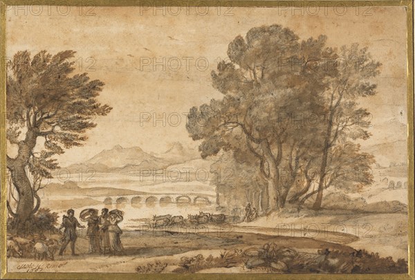 A Wooded River Landscape with Jacob, Laban, and His Daughters, 1661, Claude Lorrain, French, 1600-1682, France, Pen and brown ink, with brush and black, brown and gray wash, and black chalk, on cream laid paper, laid down on cream laid card, 201 × 302 mm