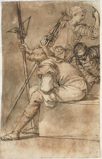 Three Soldiers Resting, 1656/57, Salvator Rosa, Italian, 1615-1673, Italy, Pen and brown ink with brush and brown and gray washes, over black chalk, on cream laid paper, laid down on off-white laid paper, 150 x 94 mm