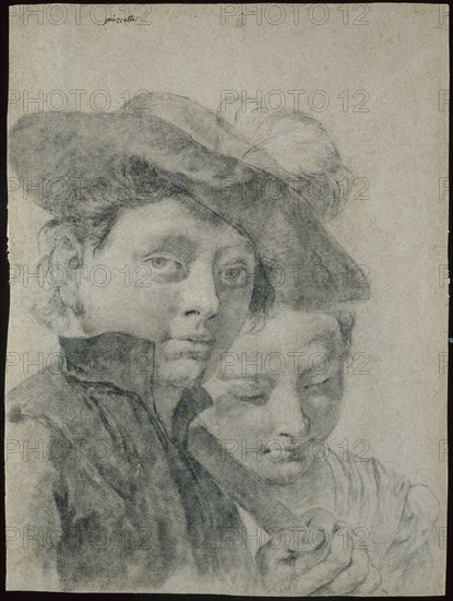 A Young Boy Wearing a Plumed Hat, and a Young Girl, 1735/40, Giovanni Battista Piazzetta, Italian, 1682-1754, Italy, Charcoal with stumping, with black chalk, heightened with white chalk, on blue laid paper, tipped on to beige Japanese paper, 404 x 304 mm
