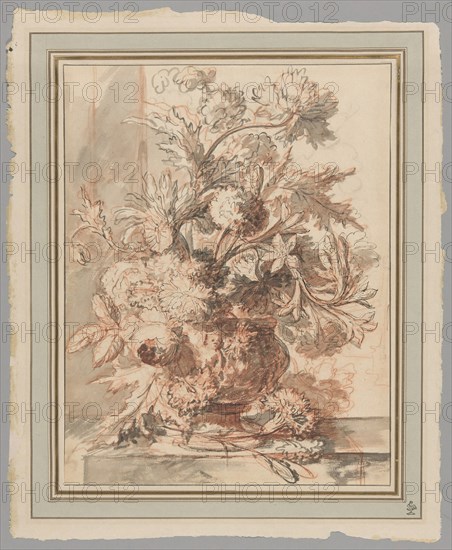 Flowers in an Urn Decorated with Putti, on a Plinth, early 18th century, Jan van Huysum, Dutch, 1682-1749, Holland, Pen and black ink and brush and black and brown ink washes, over red chalk, on cream laid paper, 385 x 299 mm
