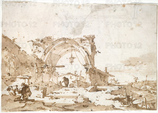 A Capriccio with a Ruined Gothic Arch, 1770/89, Francesco Guardi, Italian, 1712-1793, Italy, Pen and brown ink, and brush and brown wash, over traces of black chalk on ivory laid paper, 175 x 248 mm