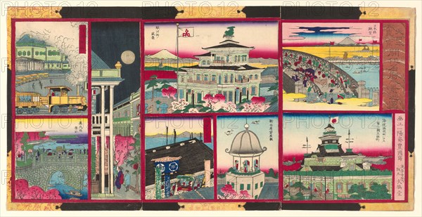 Eight Modern Views of Famous Places in Tokyo of Great Japan (Dai Nippon Tokyo kaika meisho hakkei no zu), 1875, Utagawa Kunisada II (Kunimasa III, Toyokuni IV), Japanese, 1823-1880, Japan, Color woodblock print, oban triptych, 36.2 x 73.5 cm, Panel, 1825/35, England, Cotton, plain weave, printed, 35.6 × 63.5 cm (14 × 25 in.)
