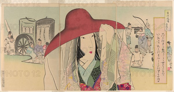 Sei Shonagon, from the series Ancient Patterns (Kodai moyo), Meiji period (1896–1912), 1896, Kobayashi Kiyochika, Japanese, 1847-1915, Japan, Color woodblock print, oban triptych, 37.5 x 25 cm (left), 37.5 x 25 cm (center), 38.5 x 25.8 cm (right)